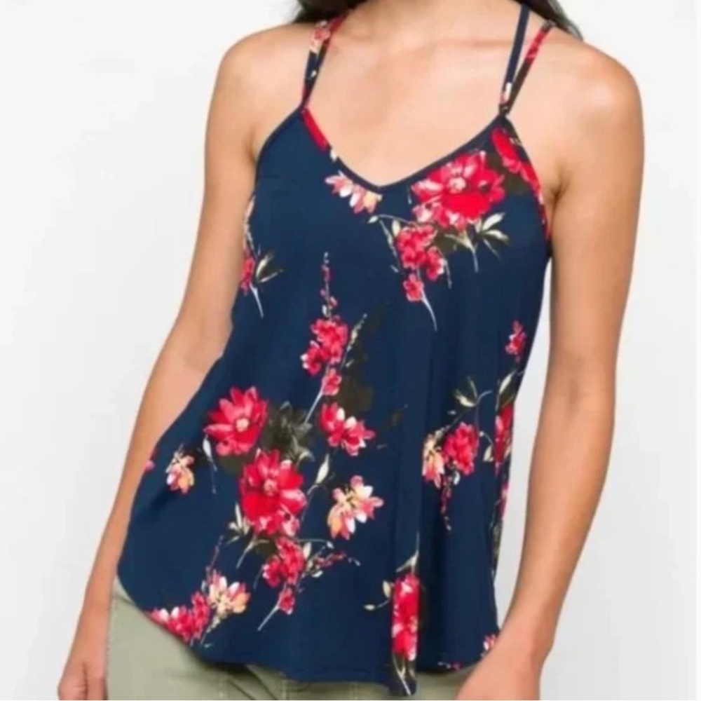 Papermoon Womens Sleeveless Cami Tank Top Blouse Size 1X Blue Red Floral Strappy